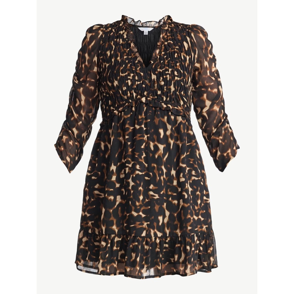 TIME & TRU Smocked Chiffon Mini Dress Sz XXXL (22W) Brown Leopard Animal 3XL NWT